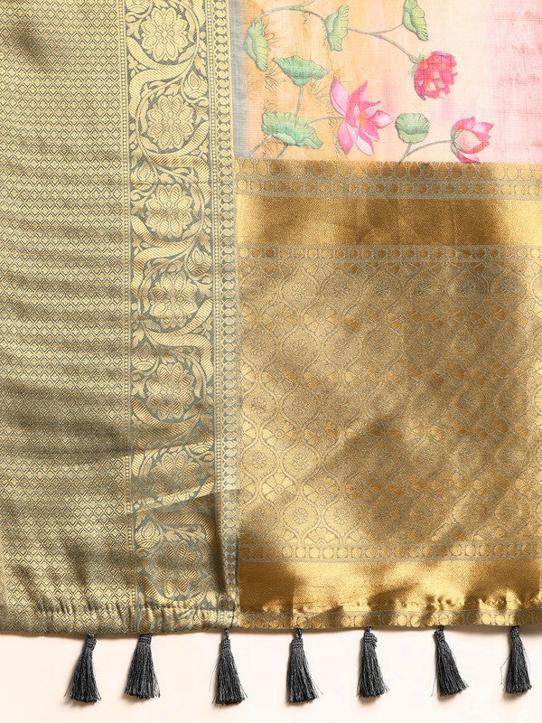 Beige Munga Silk Floral Print Saree with Unstitched Blouse Piece