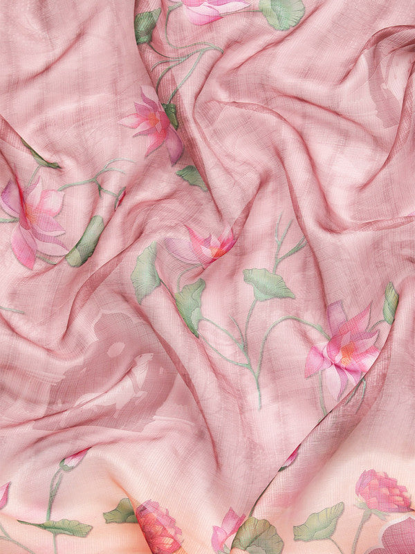 Beige Munga Silk Floral Print Saree with Unstitched Blouse Piece