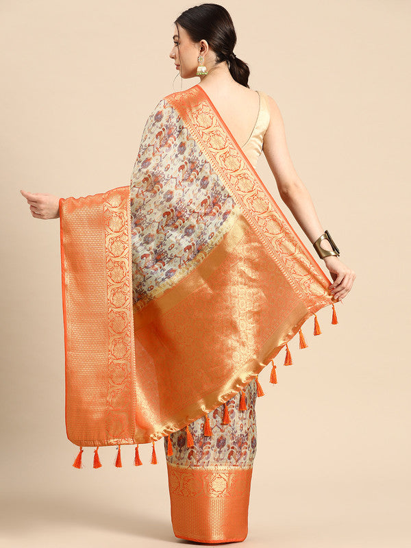 Multicolor Munga Silk Abstract Print Saree with Unstitched Blouse