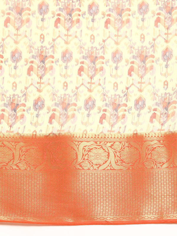Multicolor Munga Silk Abstract Print Saree with Unstitched Blouse