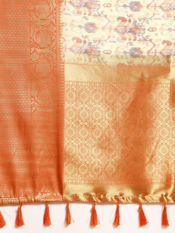 Multicolor Munga Silk Abstract Print Saree with Unstitched Blouse