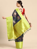 Navy Blue Munga Silk saree with animal print pattern and unstitched blouse piece