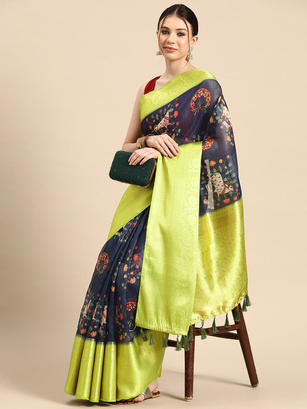Navy Blue Munga Silk Saree with Digital Animal Print