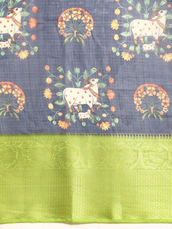 Navy Blue Munga Silk Saree with Digital Animal Print