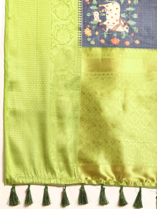 Navy Blue Munga Silk Saree with Digital Animal Print