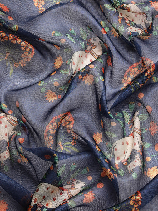 Navy Blue Munga Silk Saree with Digital Animal Print