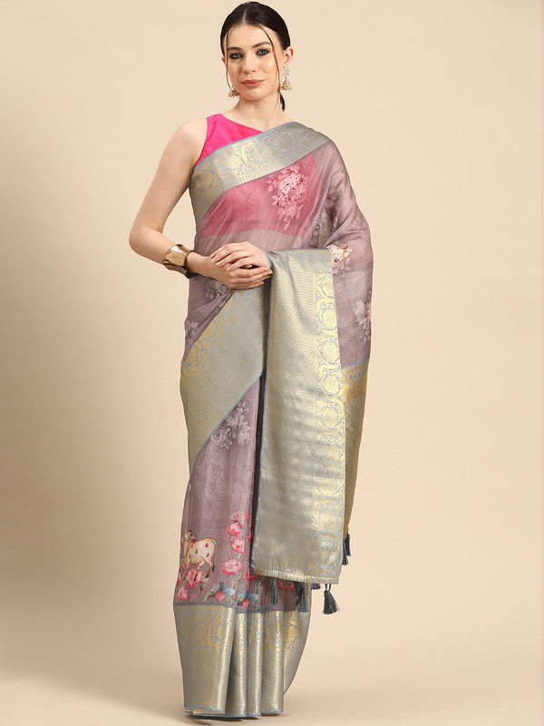 Rust Munga Silk saree featuring digital animal print with unstitched blouse piece