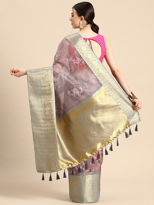 Rust Munga Silk Saree with Animal Print and Unstitched Blouse
