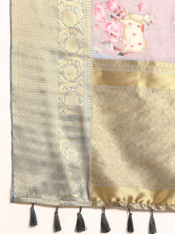 Rust Munga Silk Saree with Animal Print and Unstitched Blouse