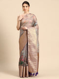 Gray Munga silk saree with intricate traditional Kalamkari digital print and unstitched blouse piece.