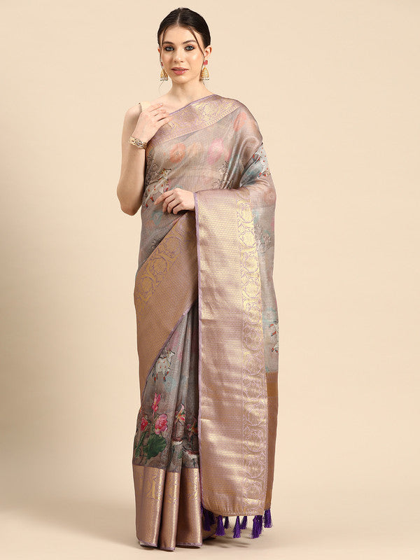 Gray Munga silk saree with intricate traditional Kalamkari digital print and unstitched blouse piece.