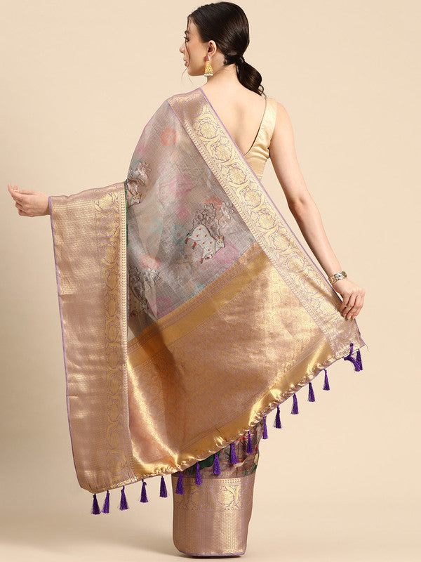 Gray Munga Silk Saree with Traditional Kalamkari Digital Print