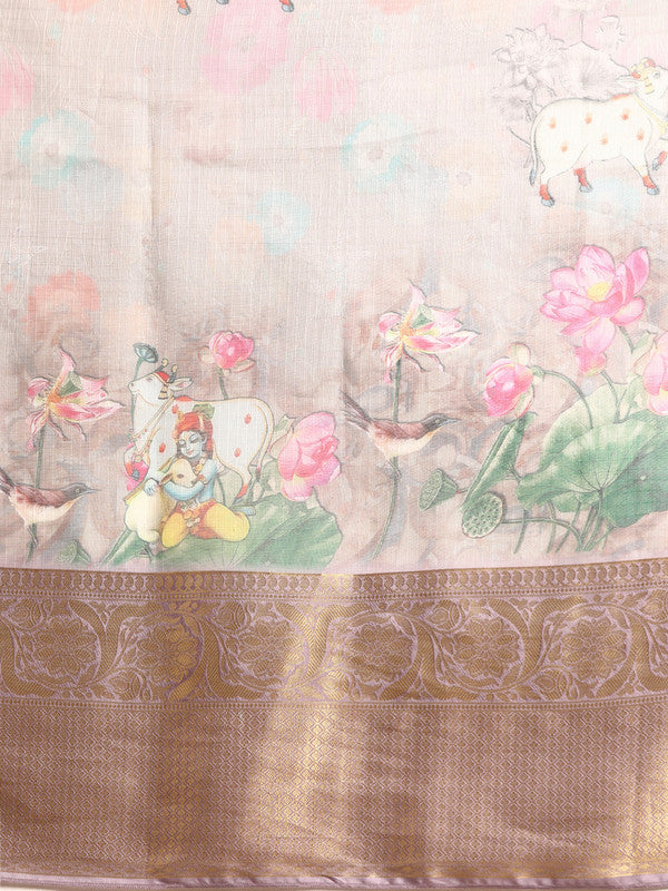 Gray Munga Silk Saree with Traditional Kalamkari Digital Print