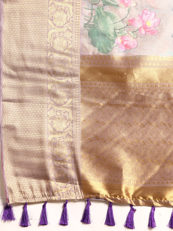 Gray Munga Silk Saree with Traditional Kalamkari Digital Print