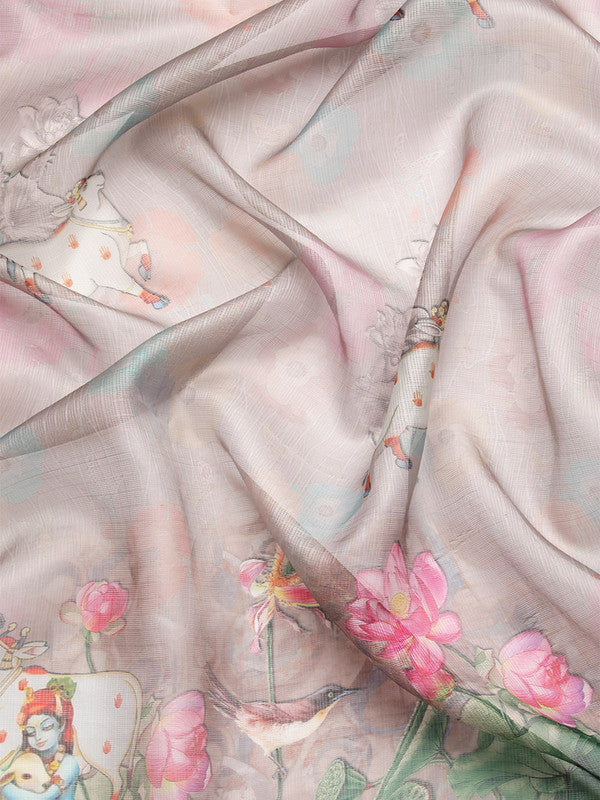 Gray Munga Silk Saree with Traditional Kalamkari Digital Print