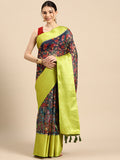Navy blue munga silk saree with digital Kalamkari print and unstitched blouse piece