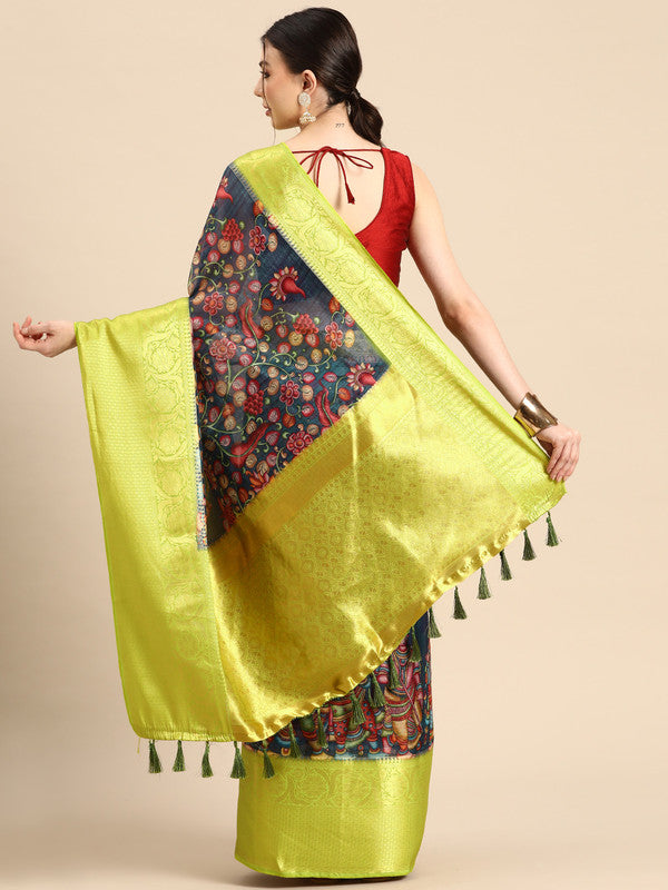 Navy Blue Munga Silk Kalamkari Digital Print Saree and Blouse