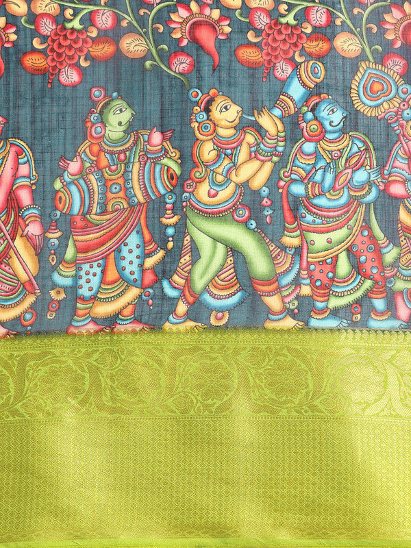 Navy Blue Munga Silk Kalamkari Digital Print Saree and Blouse