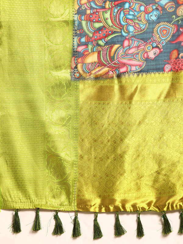 Navy Blue Munga Silk Kalamkari Digital Print Saree and Blouse