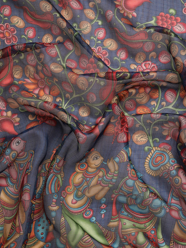 Navy Blue Munga Silk Kalamkari Digital Print Saree and Blouse