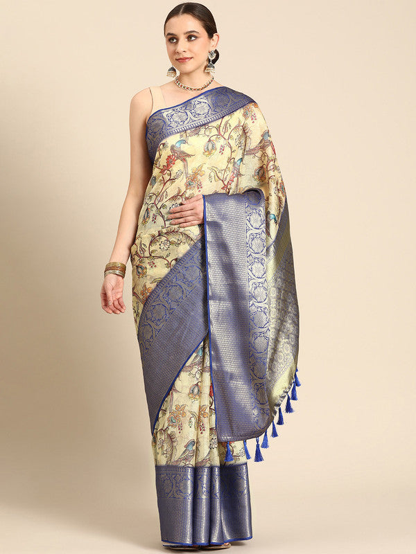 Beige Munga silk saree with traditional Kalamkari digital print and matching unstitched blouse