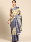 Beige Munga silk saree with traditional Kalamkari digital print and matching unstitched blouse