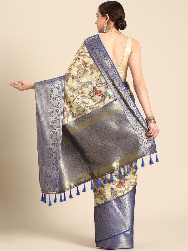 Beige Munga Silk Saree with Kalamkari Digital Print & Unstitched Blouse