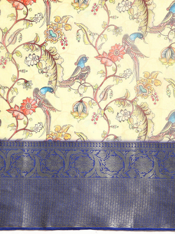 Beige Munga Silk Saree with Kalamkari Digital Print & Unstitched Blouse