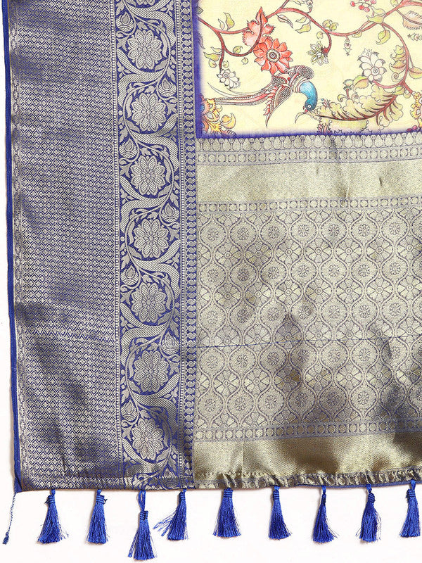 Beige Munga Silk Saree with Kalamkari Digital Print & Unstitched Blouse