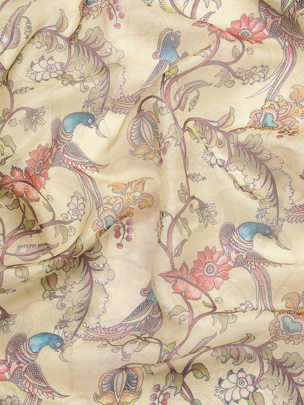 Beige Munga Silk Saree with Kalamkari Digital Print & Unstitched Blouse