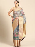 Gray Munga silk saree with intricate digital Kalamkari patterns and unstitched blouse piece