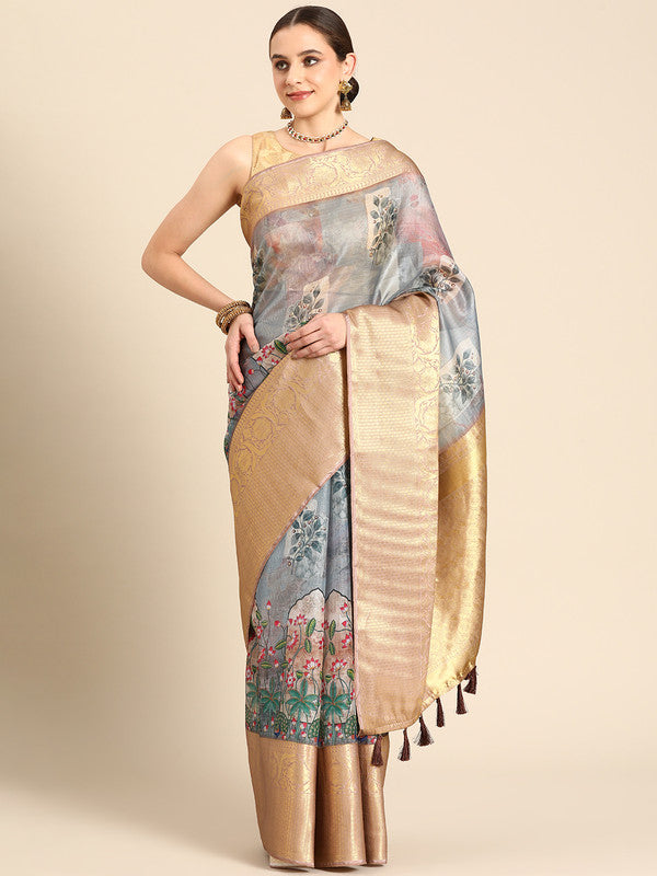 Gray Munga silk saree with intricate digital Kalamkari patterns and unstitched blouse piece