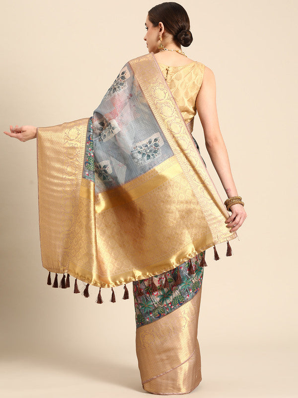 Gray Munga Silk Saree with Digital Print Kalamkari Patterns