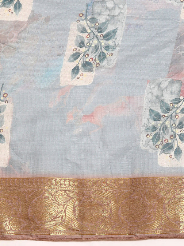 Gray Munga Silk Saree with Digital Print Kalamkari Patterns