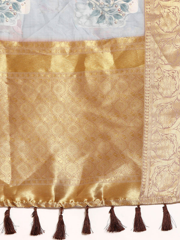 Gray Munga Silk Saree with Digital Print Kalamkari Patterns