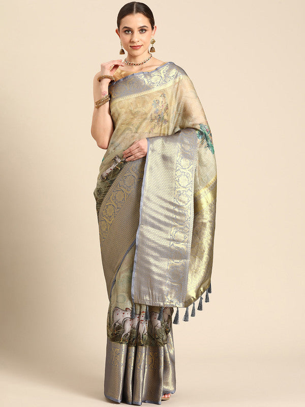Olive Munga Silk saree with intricate Kalamkari digital print and unstitched blouse