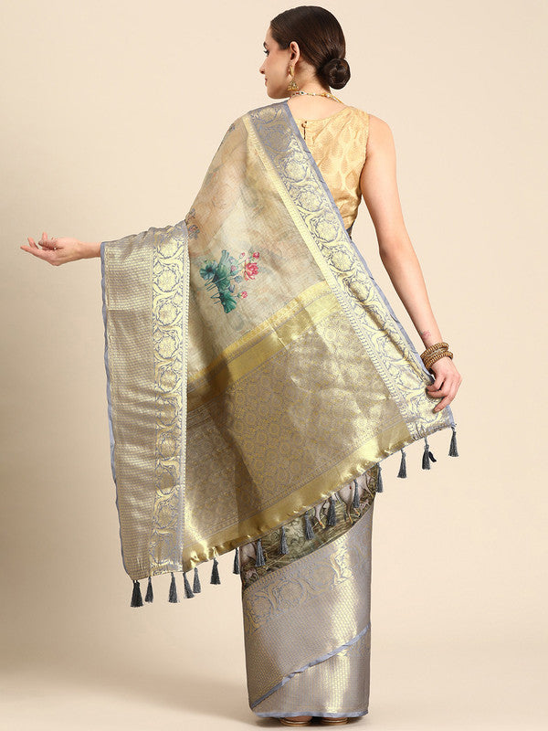 Olive Munga Silk Kalamkari Digital Print Saree with Blouse