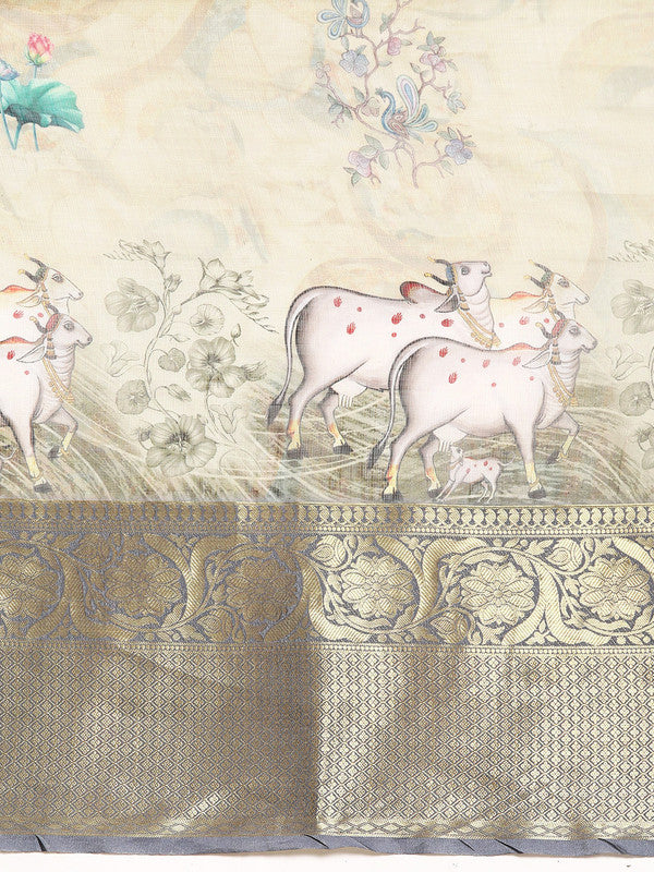 Olive Munga Silk Kalamkari Digital Print Saree with Blouse