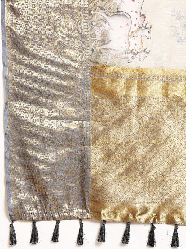 Olive Munga Silk Kalamkari Digital Print Saree with Blouse