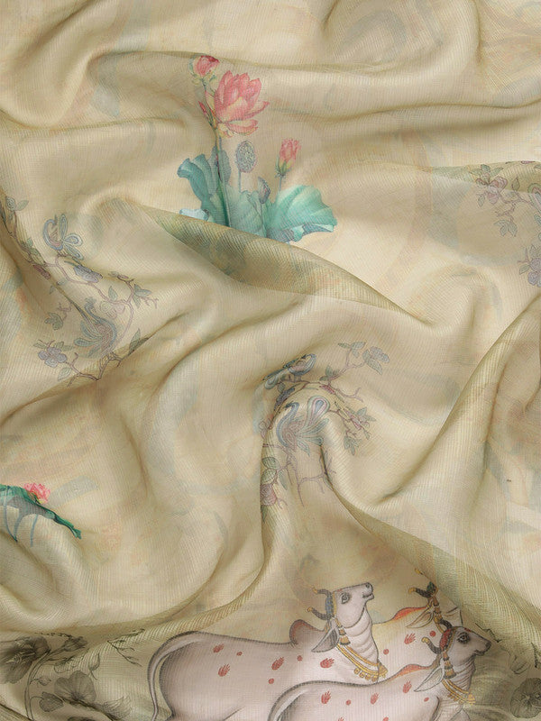 Olive Munga Silk Kalamkari Digital Print Saree with Blouse