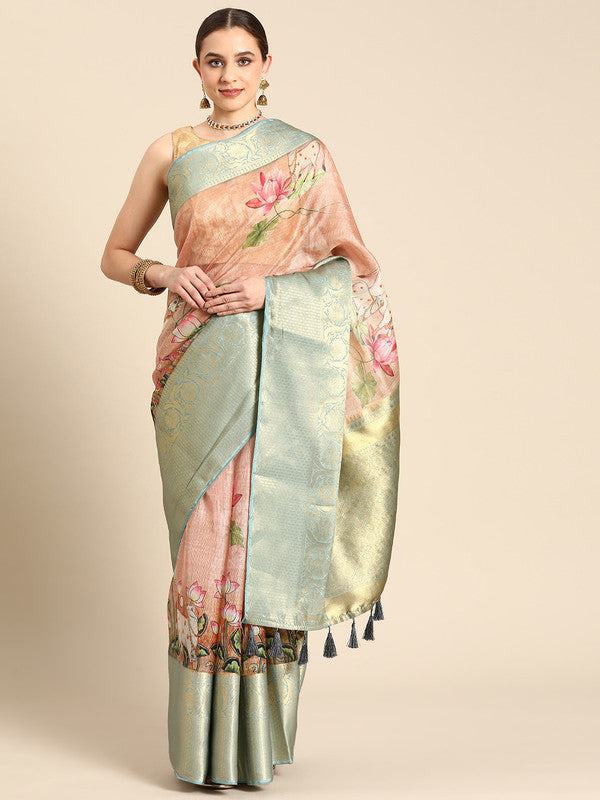 Soft peach Munga Silk saree with a modern digital animal print.