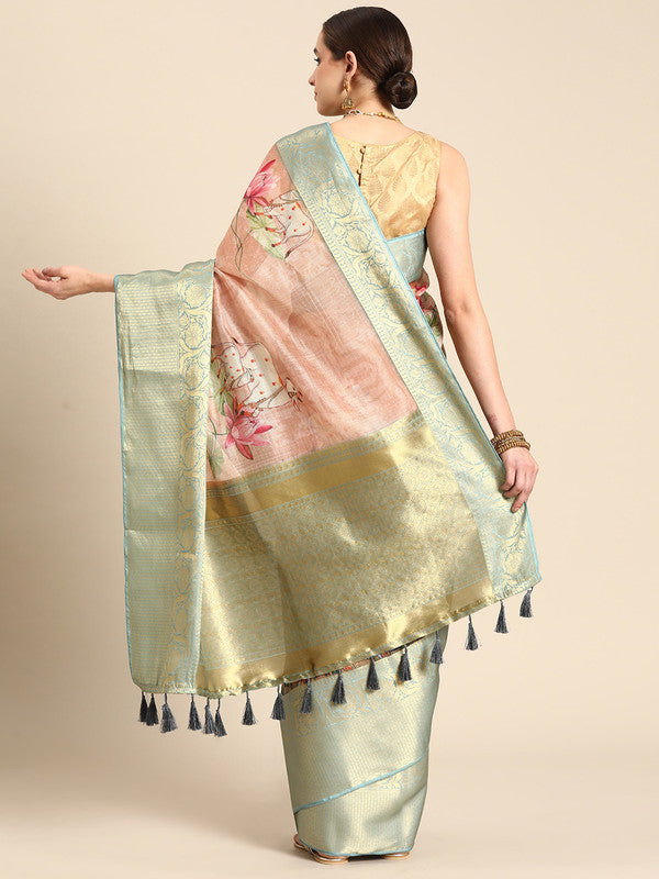 Peach Munga Silk Saree with Animal Print and Unstitched Blouse