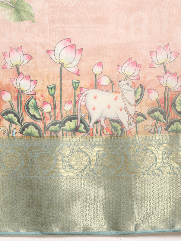 Peach Munga Silk Saree with Animal Print and Unstitched Blouse