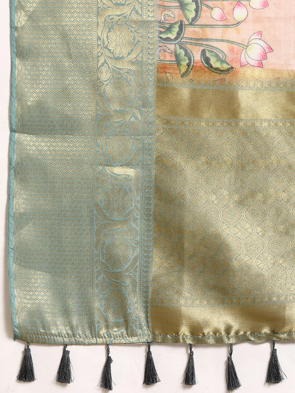 Peach Munga Silk Saree with Animal Print and Unstitched Blouse
