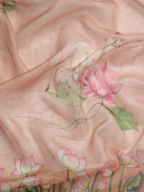Peach Munga Silk Saree with Animal Print and Unstitched Blouse