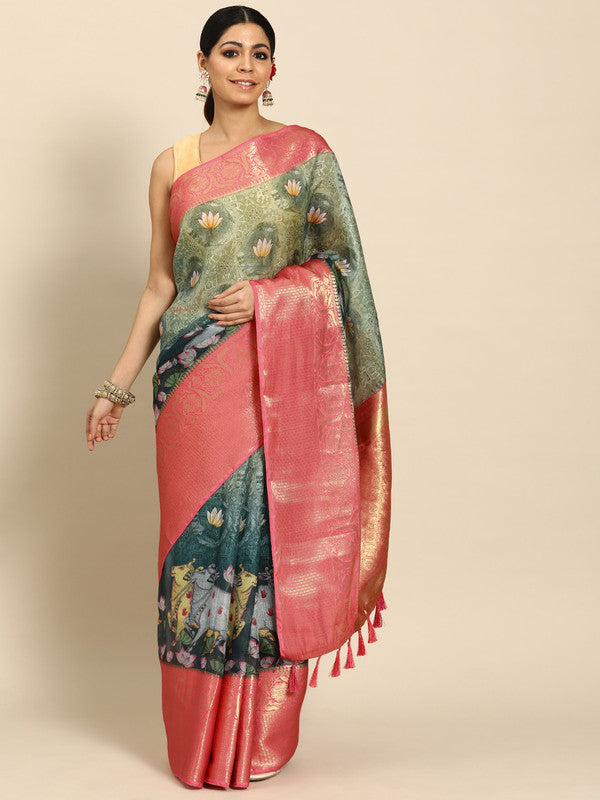 Green Munga Silk digital print animal pattern saree with unstitched blouse piece