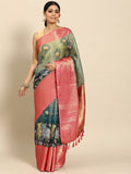 Green Munga Silk digital print animal pattern saree with unstitched blouse piece
