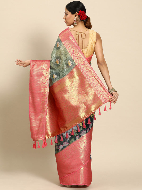 Green Munga Silk Animal Print Saree with Unstitched Blouse Piece