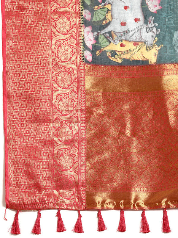 Green Munga Silk Animal Print Saree with Unstitched Blouse Piece