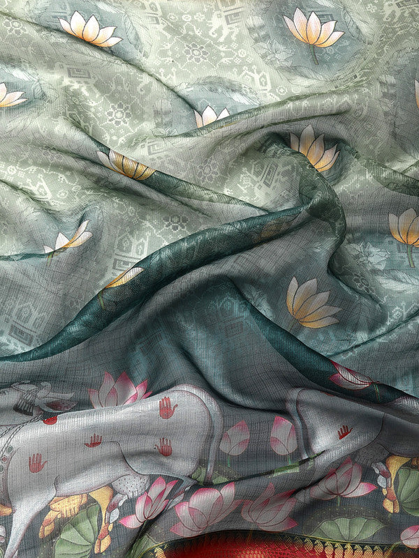 Green Munga Silk Animal Print Saree with Unstitched Blouse Piece